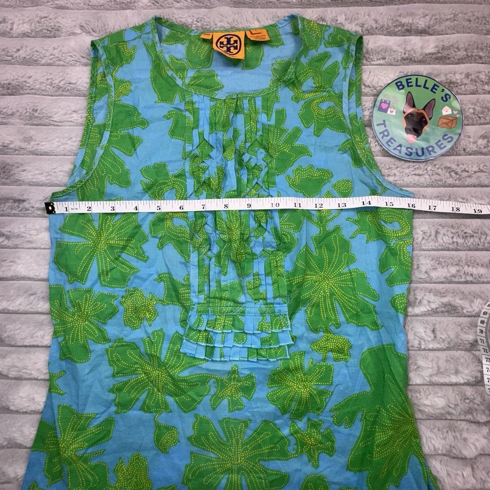 Tory Burch Tank Top Women's 2/XS Bright Green Blue Leaf Ruffled Button Shirt Lux